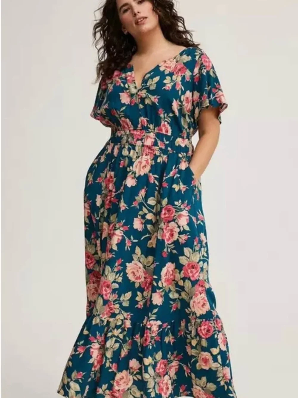 torrid NWT Teal Floral Maxi Dress with Pink Roses